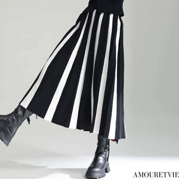 ストライプモノトーンニット白黒ロングスカート /レディース モレビー|モード系ファッションブランド